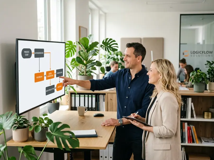 Automatisierter Ablauf auf einem Bildschirm, Team bespricht den Workflow